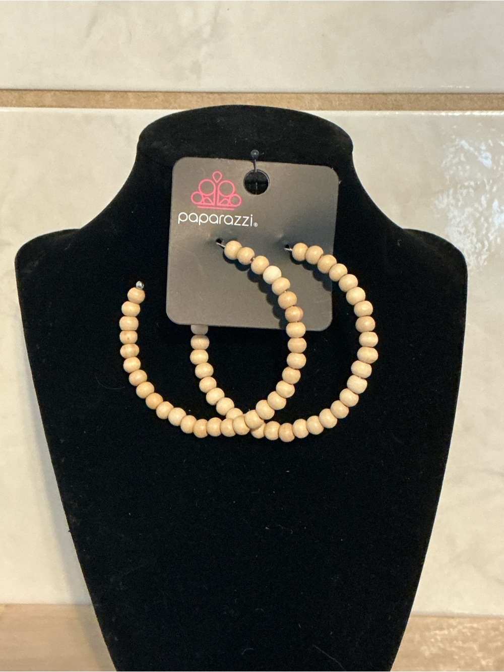 Paparazzi Natural Wood Beaded Hoop Earrings - Light Beige